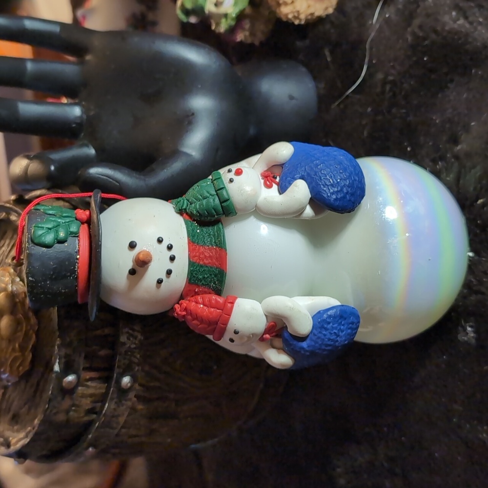 AVAILABLE - Vintage RARE Snowman ornament with 2 snow children in arms. 7" tall